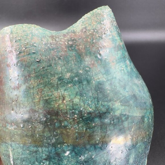 Vintage Raku Studio Art Pottery Vase Bowl Wavy Star Top Green Shiny Glaze Signed - Picture 5 of 14